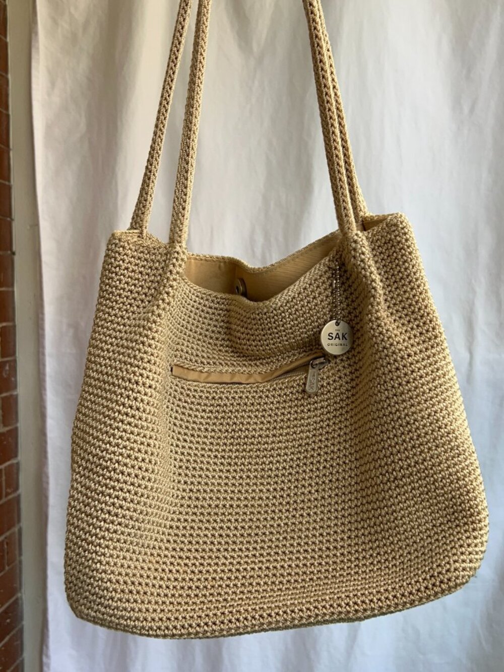 The Sak Original Crochet Tote Bag Beige Woven Shoulder Purse - Picture 2 of 7
